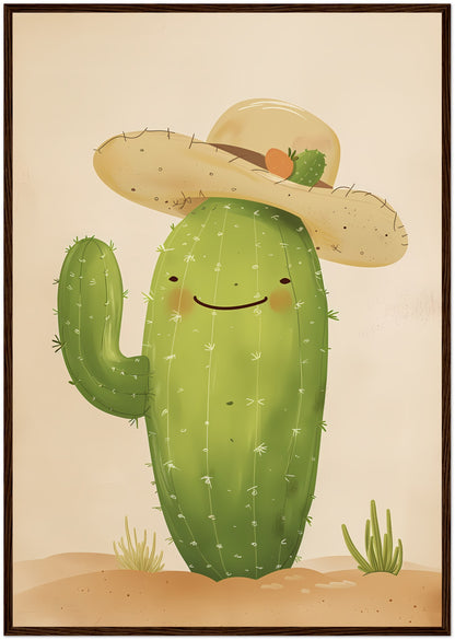 Illustration of a smiling cactus with a hat framed on a wall.