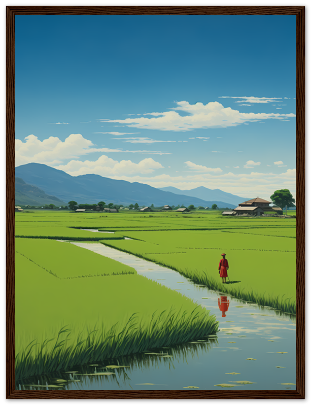 A framed digital art piece of a person walking through a rice field with mountains in the background.