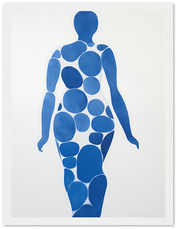 Artistic silhouette of a human figure composed of blue circular shapes on a white background.