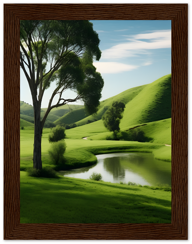 A framed image depicting a serene landscape with green hills, trees, and a small pond.