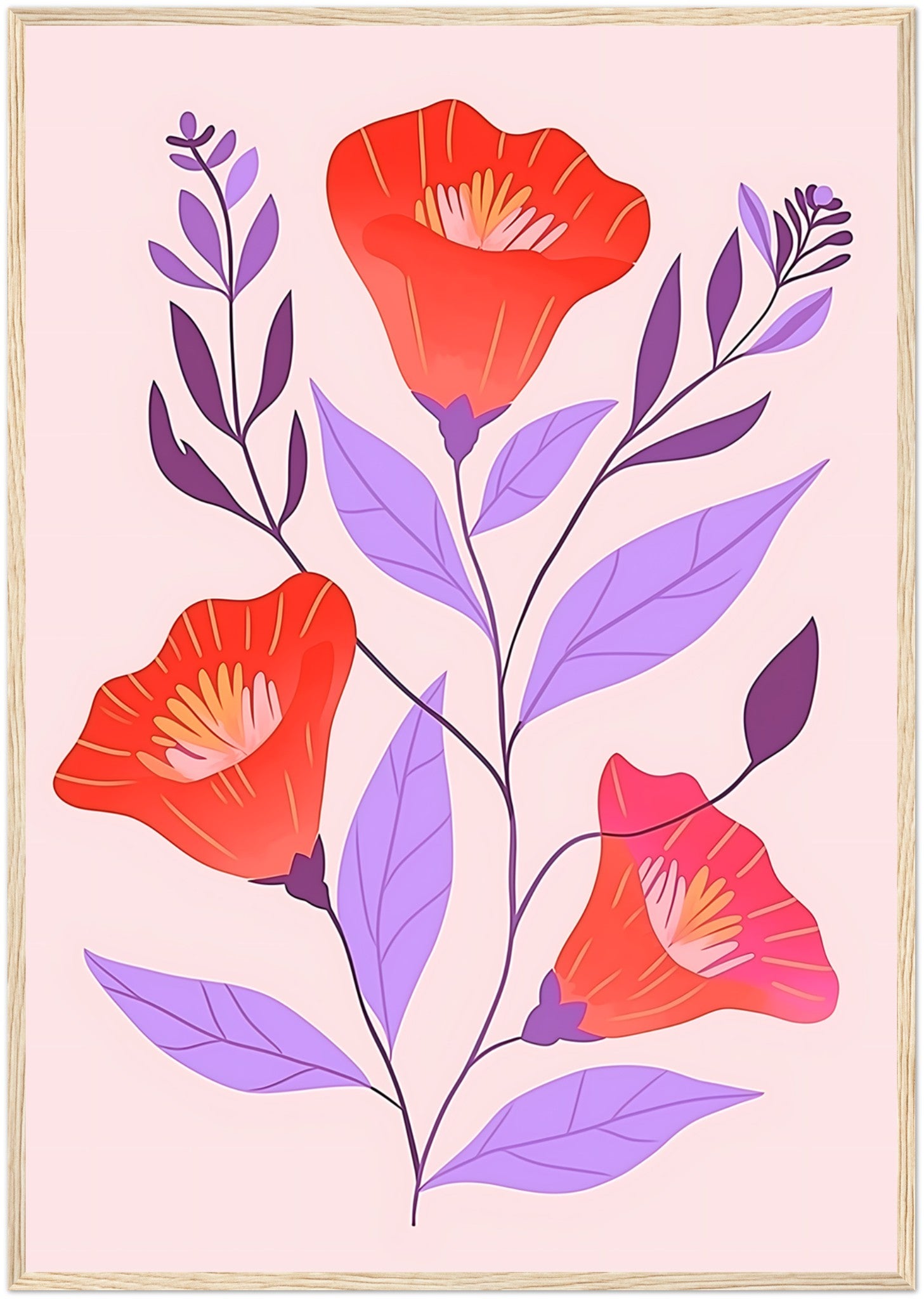 Illustration of red flowers with purple leaves in a brown frame.