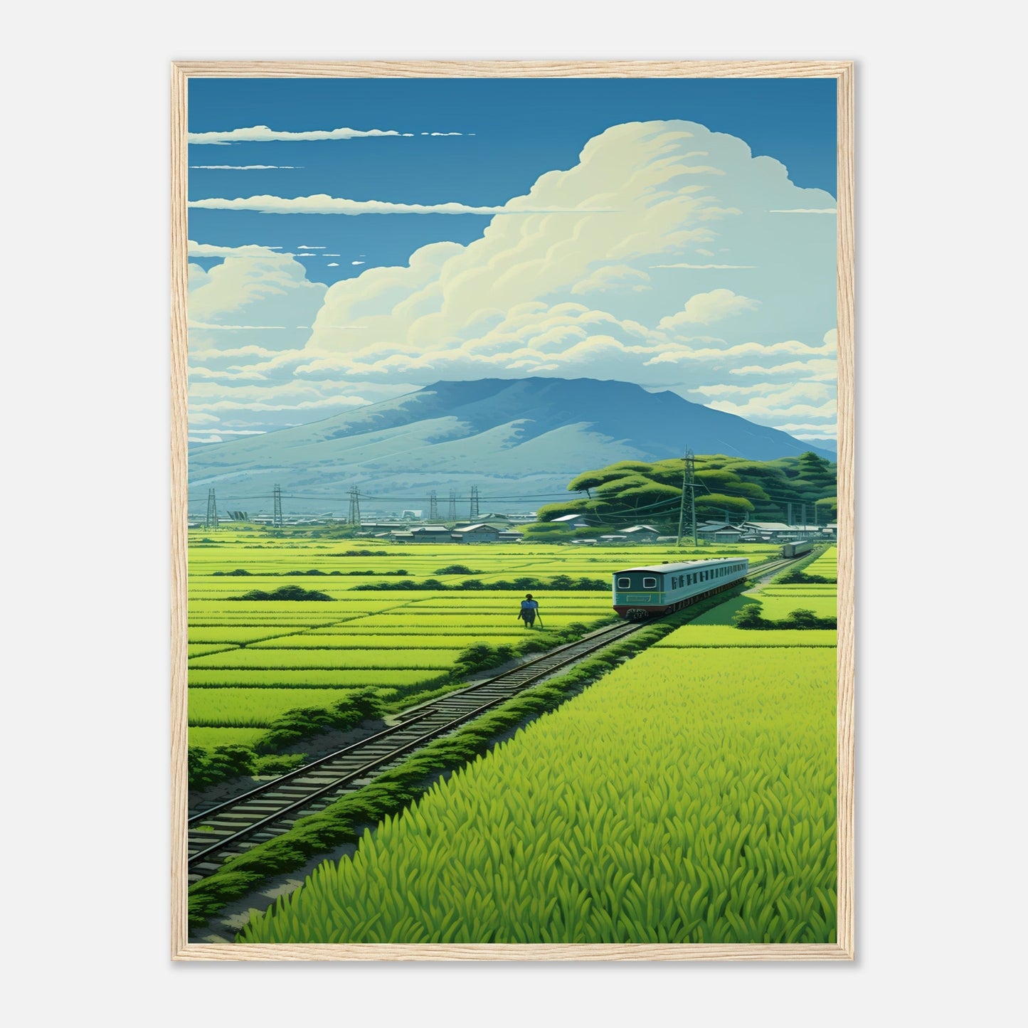 Train à travers les rizières japonaises - Affiche