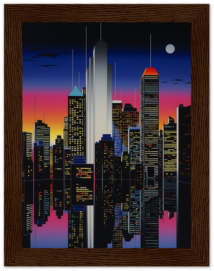 A stylized artwork of a city skyline at dusk with a wooden frame.