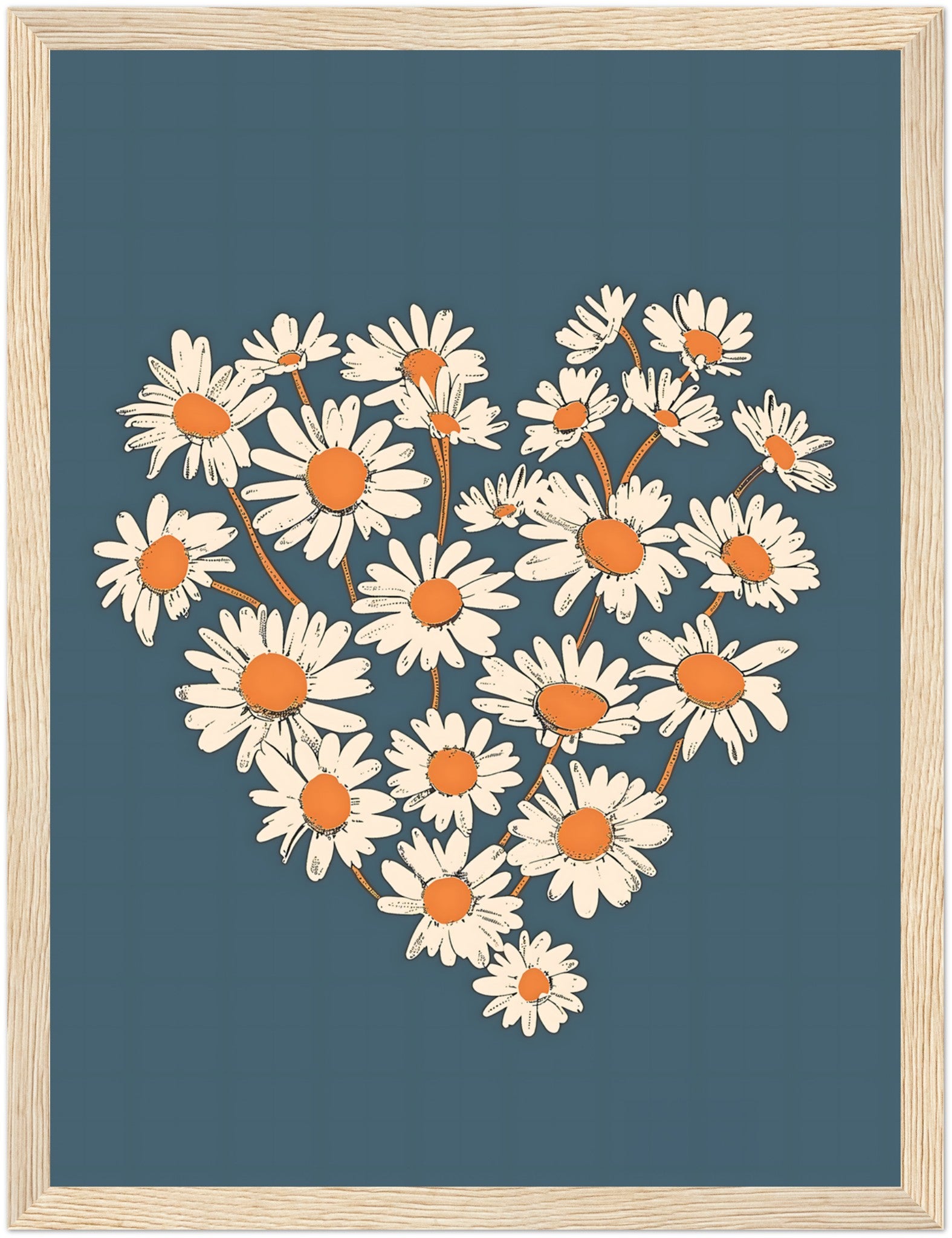 A heart shape formed by white and orange daisies against a blue background.