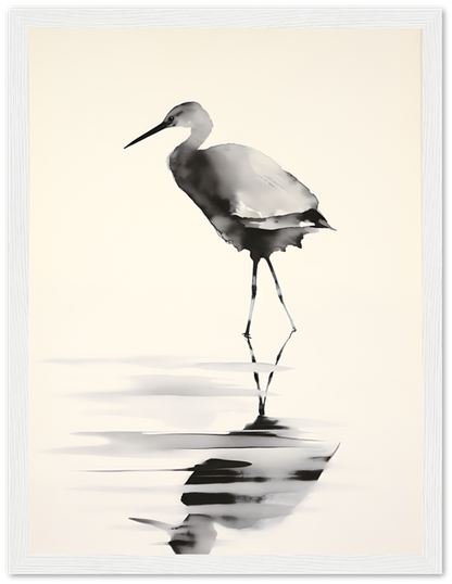 A framed painting of a stilt bird reflected in water, displayed in a wooden frame.