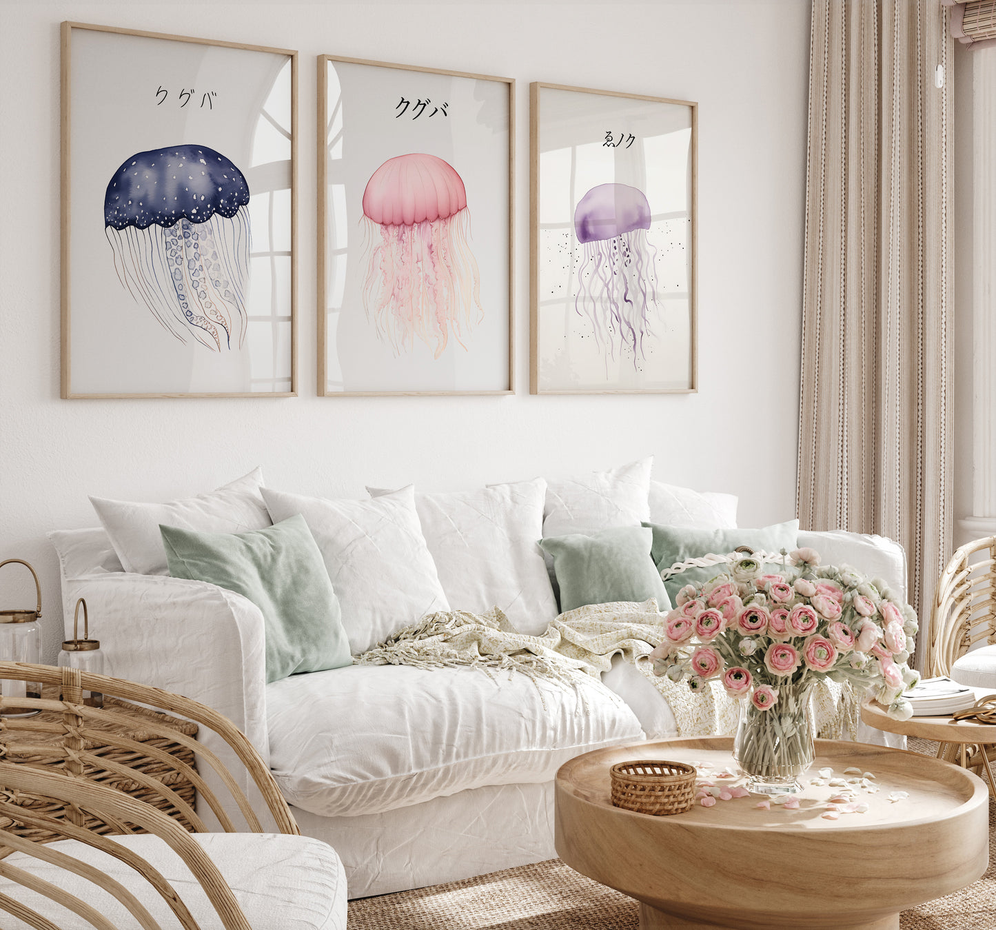 Three framed jellyfish illustrations above a cozy sofa in a bright, chic living room.