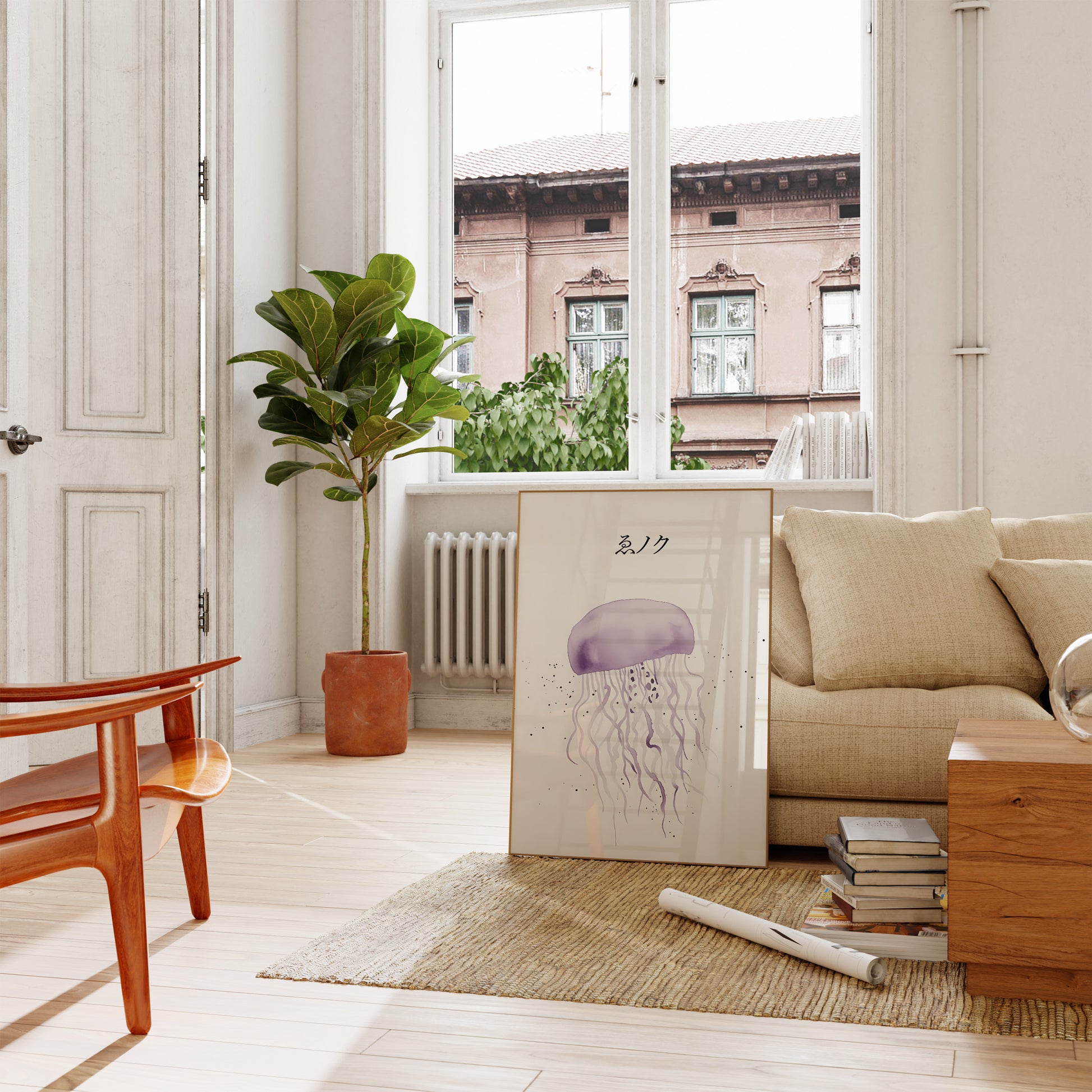 A cozy living room with a sofa, a wooden table, a potted plant, and artwork leaning against the wall.