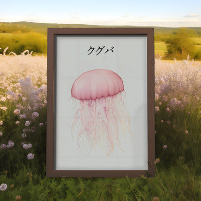 A framed illustration of a pink jellyfish with Japanese text, set against a meadow background.