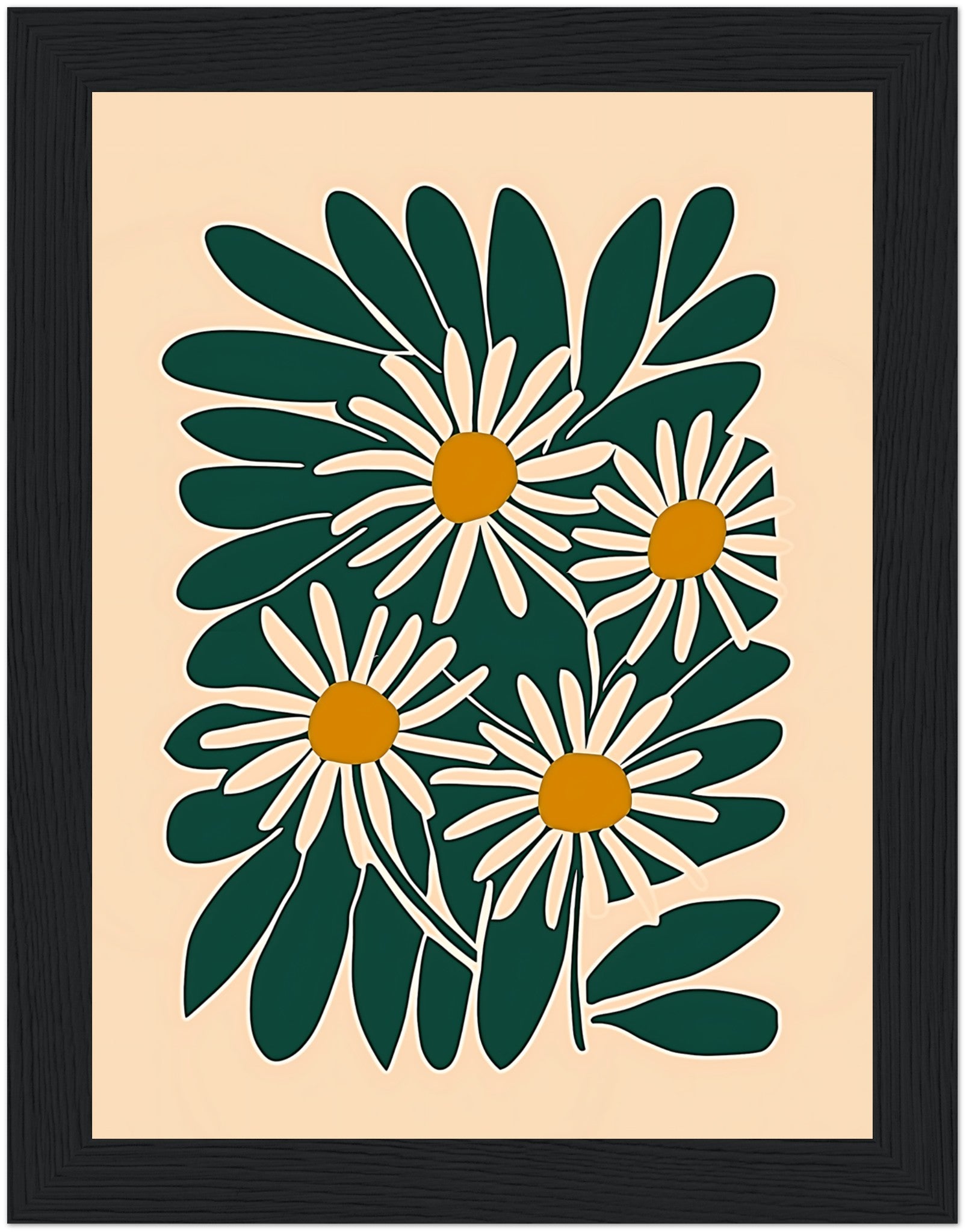 An illustration of five stylized daisies with green leaves in a brown frame.