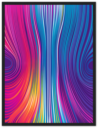 A framed abstract artwork with vibrant blue and pink wavy lines.