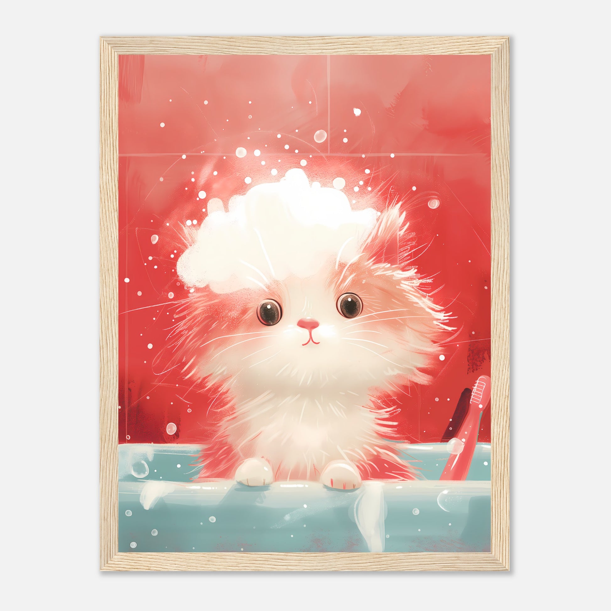 Illustration of a fluffy kitten with wide eyes peeking over a sink's edge.