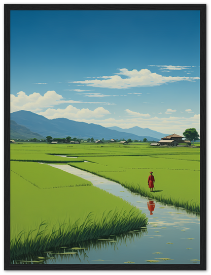 "Painting of a person walking on a path through green rice fields with mountains in the background."