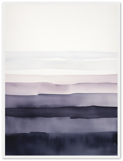 A framed, muted watercolor painting of misty, layered hills.