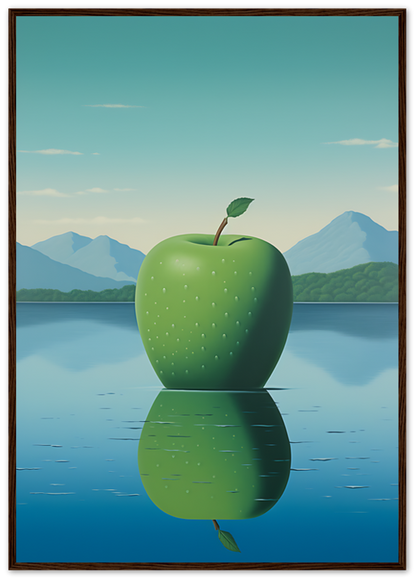 A framed painting of a green apple with a reflection on water, mountains in the background.