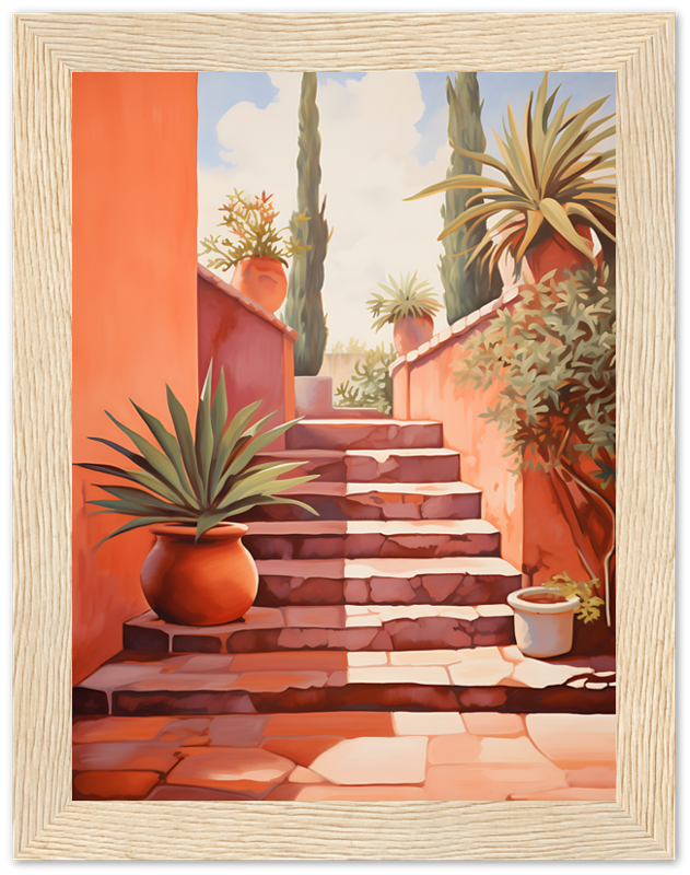 A painting of a sunny stairway with potted plants, framed by an archway.