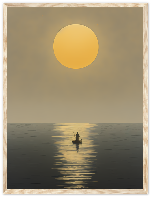 A framed image of a solitary fisherman on a calm sea at sunset.