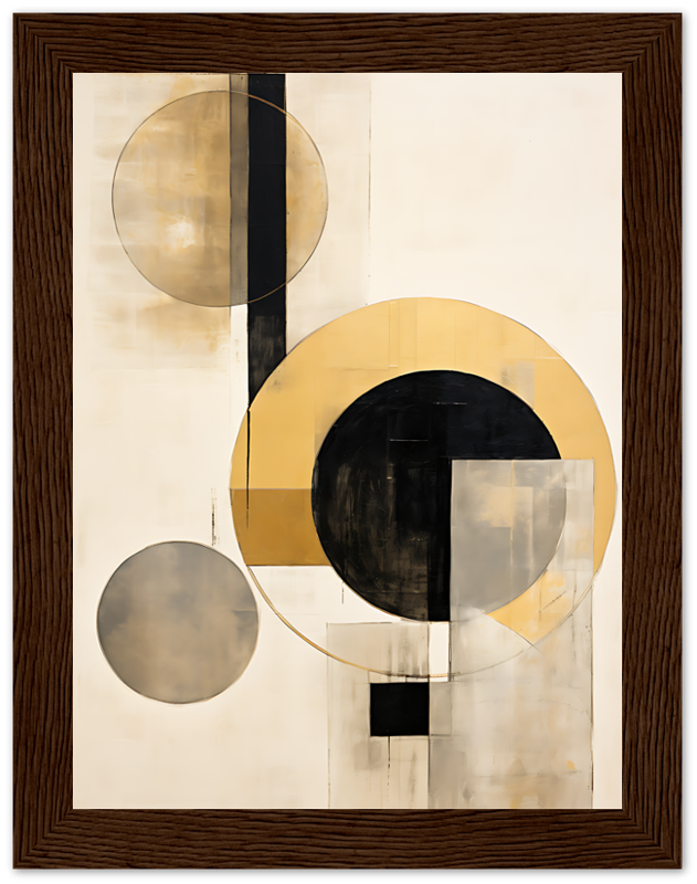 A framed abstract painting with geometric shapes in black, beige, and gold tones.