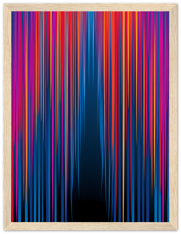 Abstract image with colorful vertical lines against a dark background, framed in white.