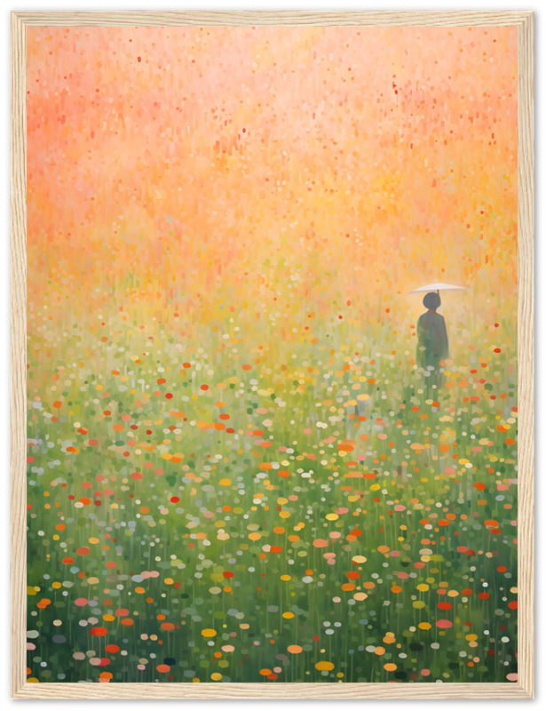 A painting of a person standing in a colorful, flower-filled meadow within a dark frame.