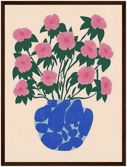 A framed illustration of a plant with pink flowers in a blue vase.
