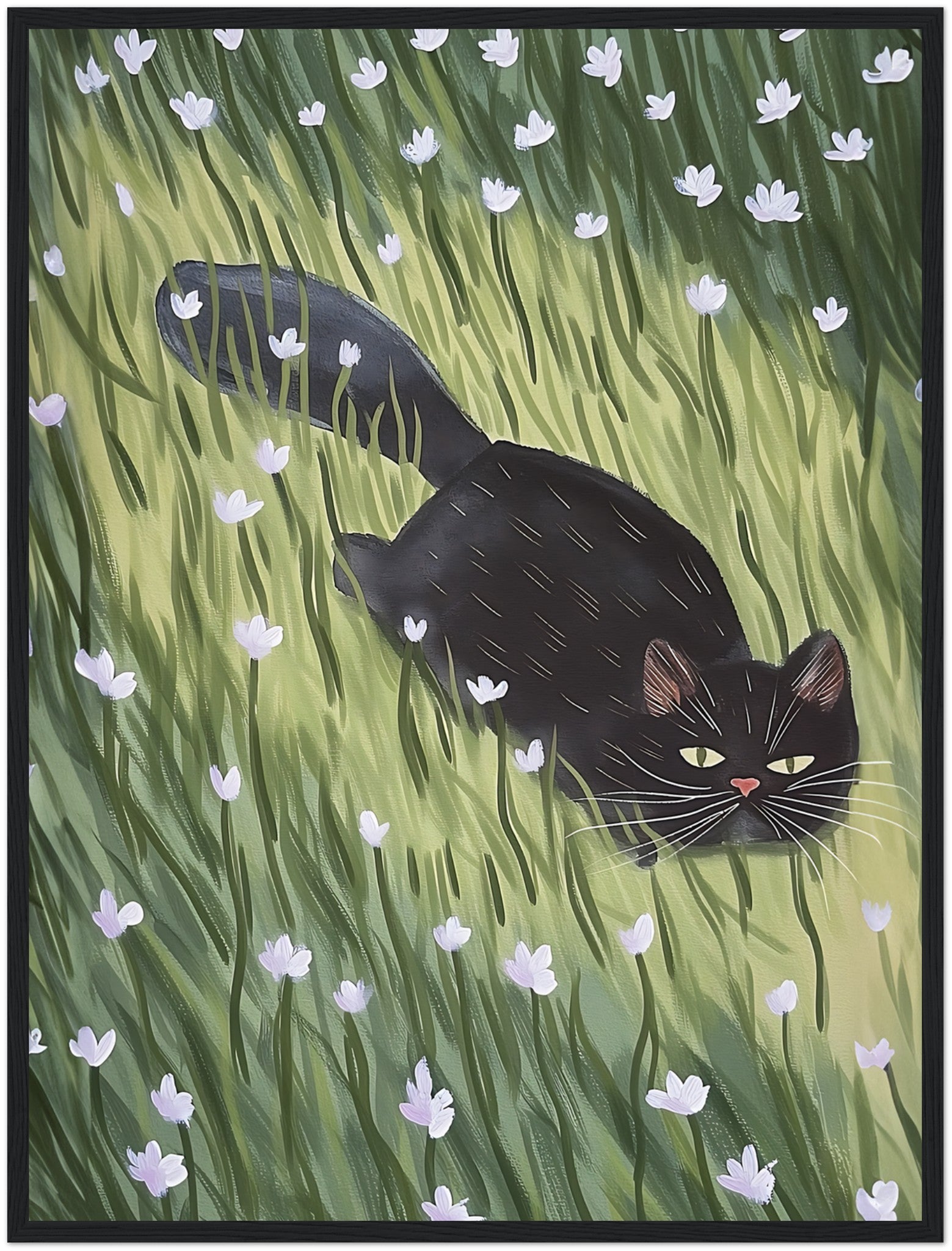 A painting of a black cat walking through a green field with white flowers, framed in wood.