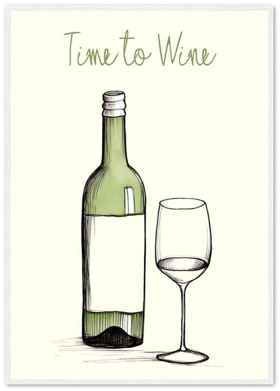 An illustration of a wine bottle next to a glass with the phrase "Time to Wine" above it, framed like a picture.