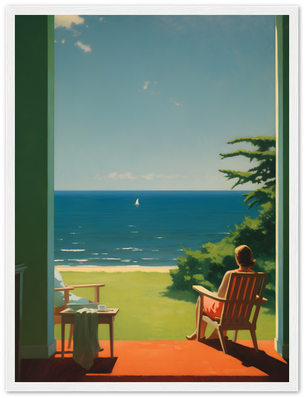 Alt text: A painting of a person sitting on a porch looking at the sea with a sailboat in the distance.