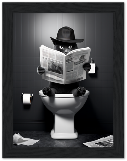 A cat wearing a hat sits on a toilet reading a newspaper.