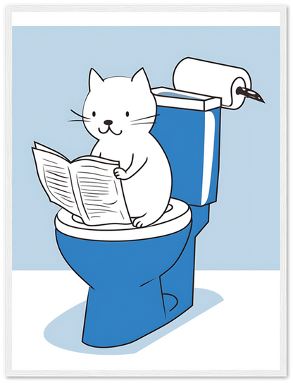 A cartoon of a cat reading a newspaper while sitting on a toilet.