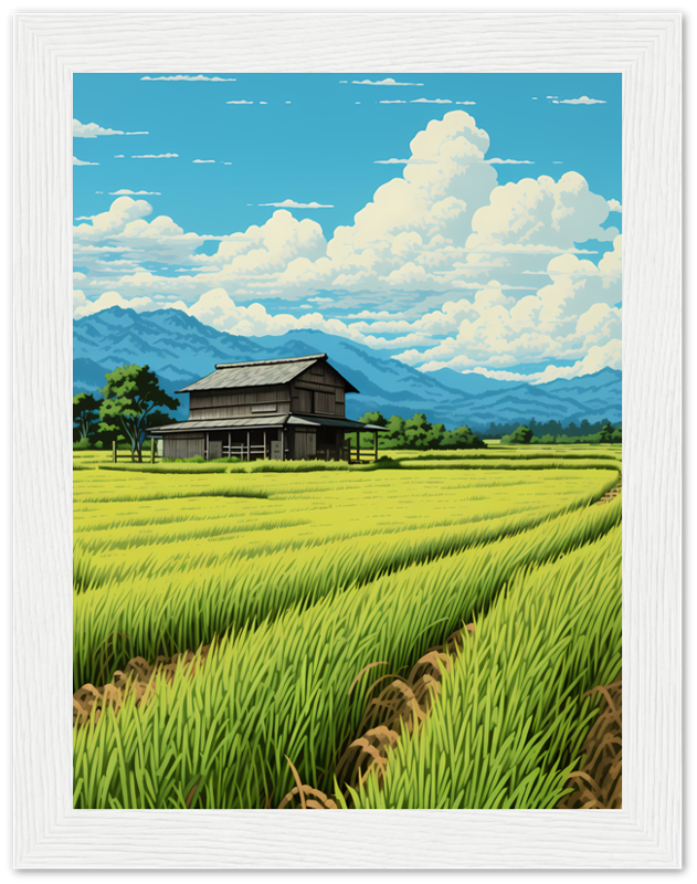 Illustration of a traditional house in a lush green rice field with mountains and blue sky in the background.