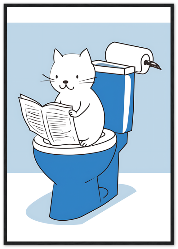 A cartoon of a cat reading a newspaper while sitting on a toilet, framed as a picture.