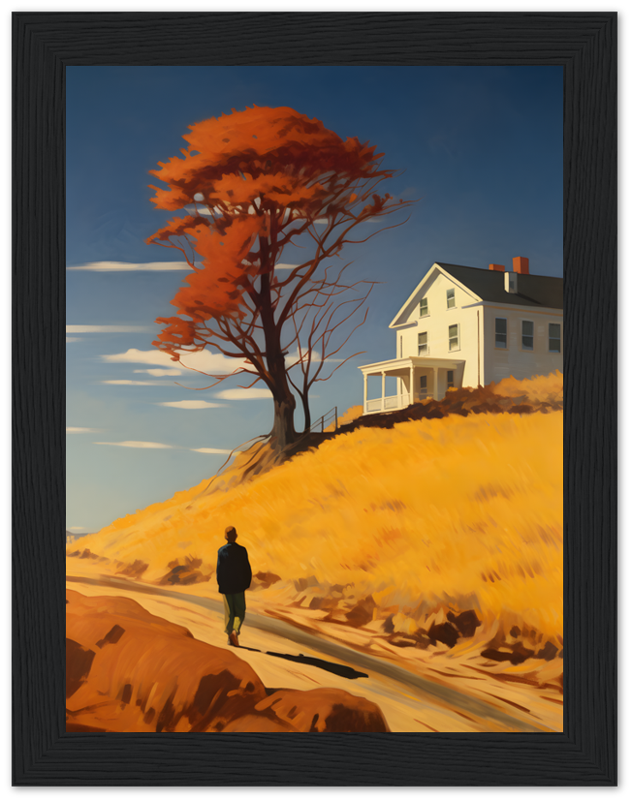 Illustration of a person walking near a house with an autumn tree.