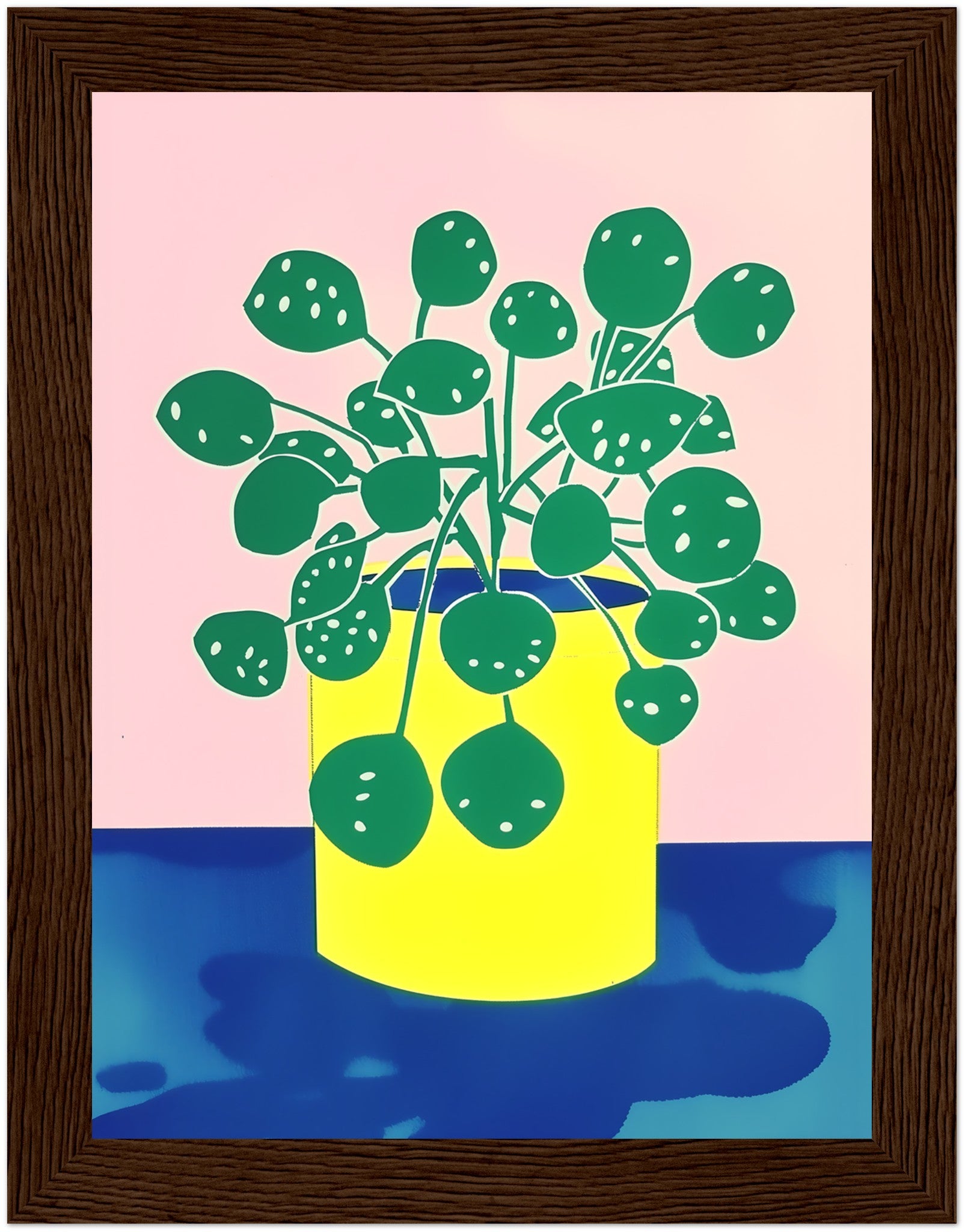 Stylized illustration of a potted plant with green leaves in a yellow pot against a pink background.