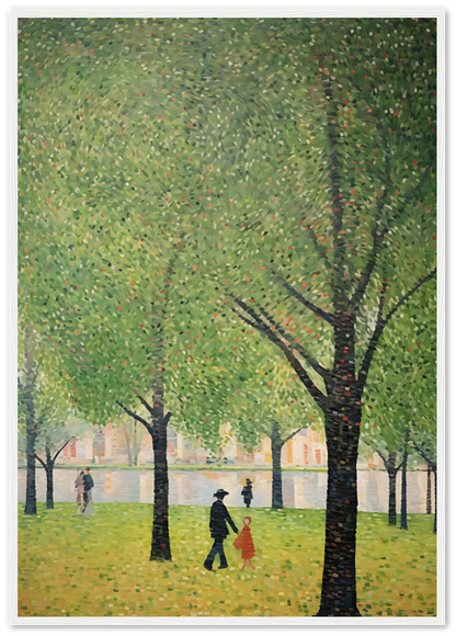 Painting of people walking beneath trees with fall foliage in a pointillist style.