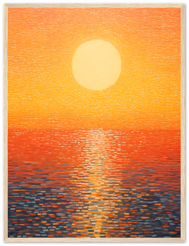 Impressionist style painting of a sunset over water with a wooden frame.