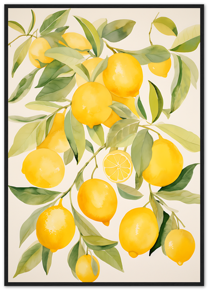 Illustration of yellow lemons with green leaves on a branch.
