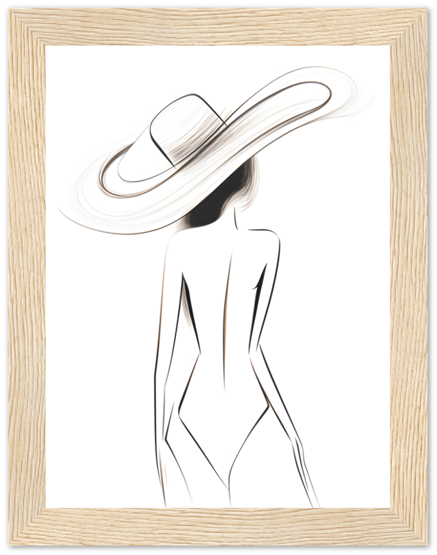 Artistic sketch of a woman wearing a wide-brimmed hat, framed on a wall.