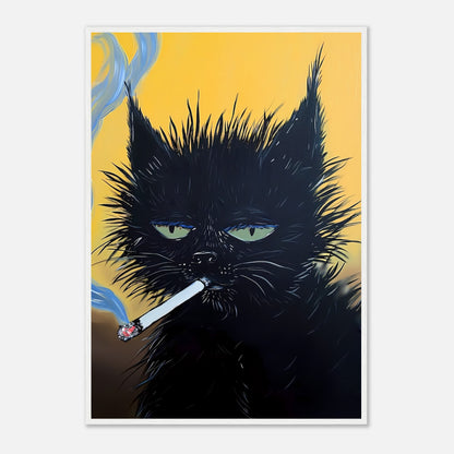 Artwork of a black cat with green eyes smoking a cigarette, against a yellow background.