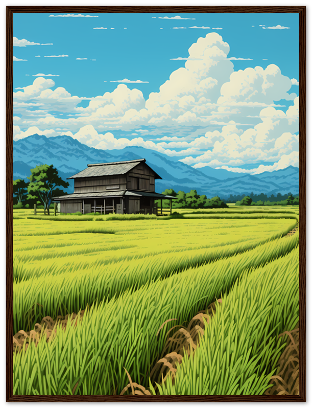 Illustration of a traditional wooden house amidst vibrant rice fields with mountains and clouds in the background.