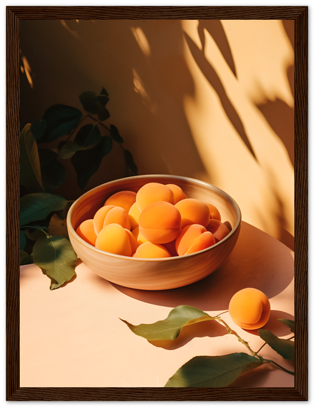 A wooden bowl filled with apricots on a table with leaves and shadows.