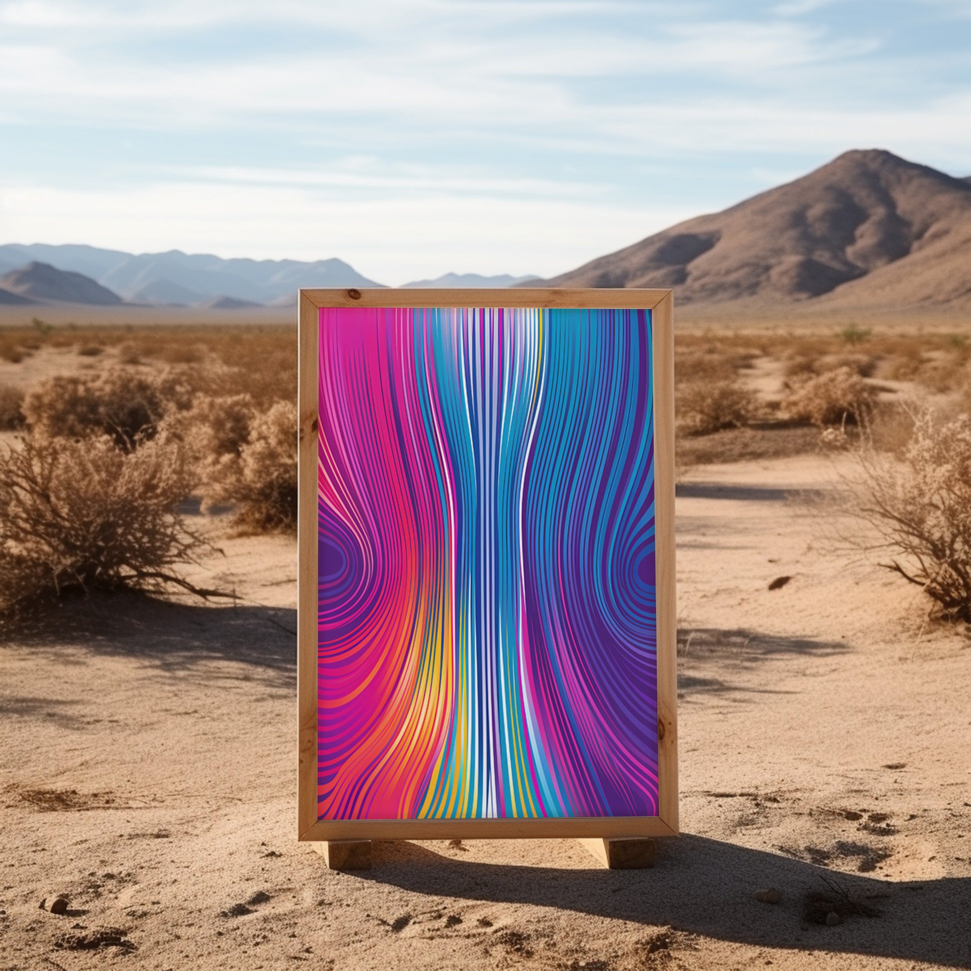 Abstract colorful artwork on an easel in a desert landscape.