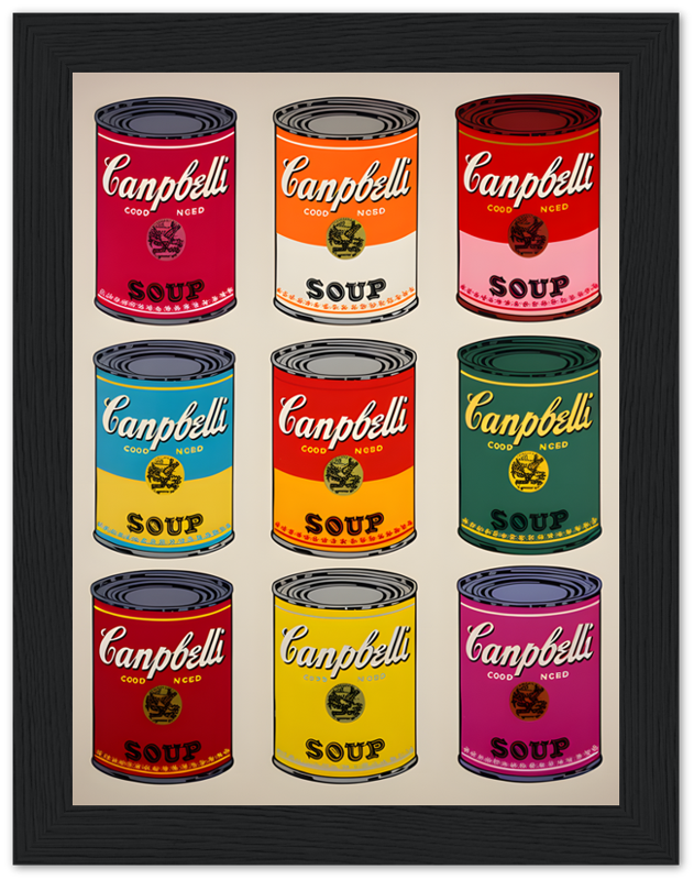 "Array of colorful Campbell's soup cans in a grid pattern, reminiscent of Andy Warhol's art."