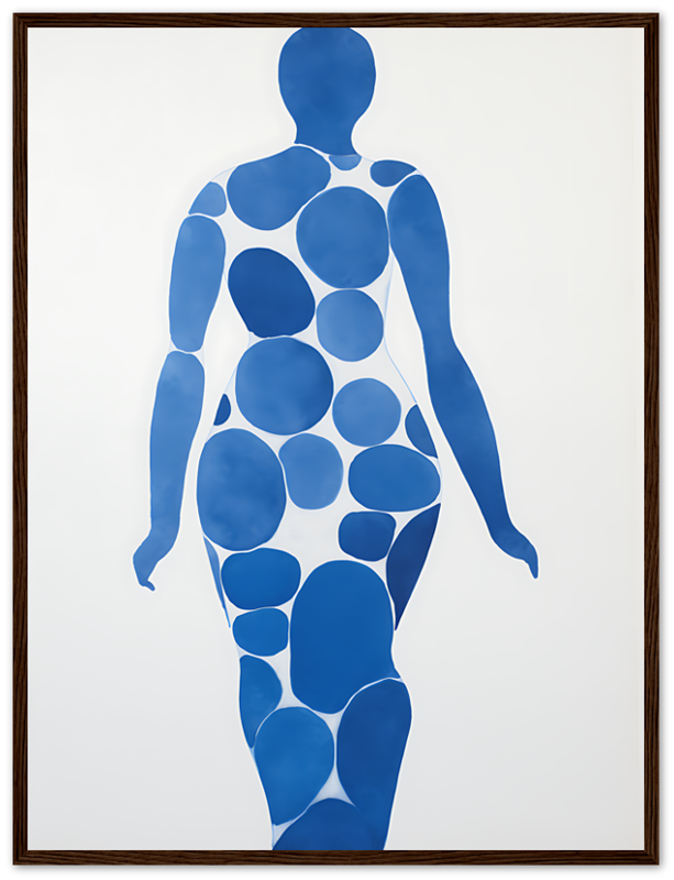 Abstract blue silhouette of a human form composed of various circular shapes on a white background, framed.