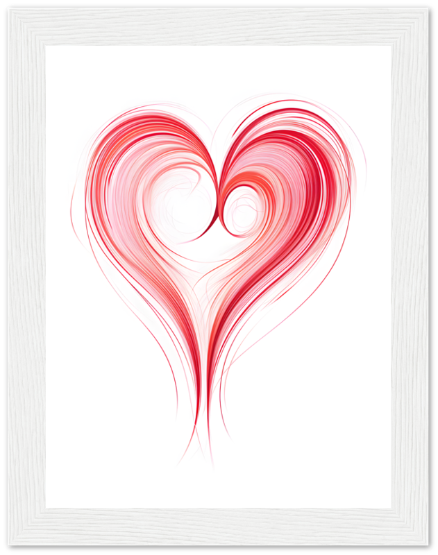 Abstract heart-shaped design with red swirls in a white frame.