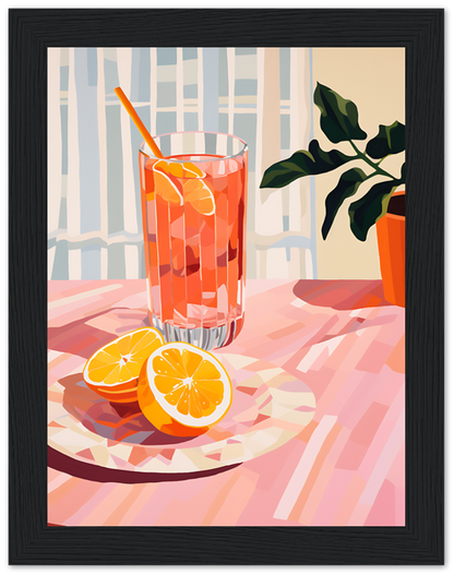 Illustration of a glass of orange juice with sliced oranges on a table.
