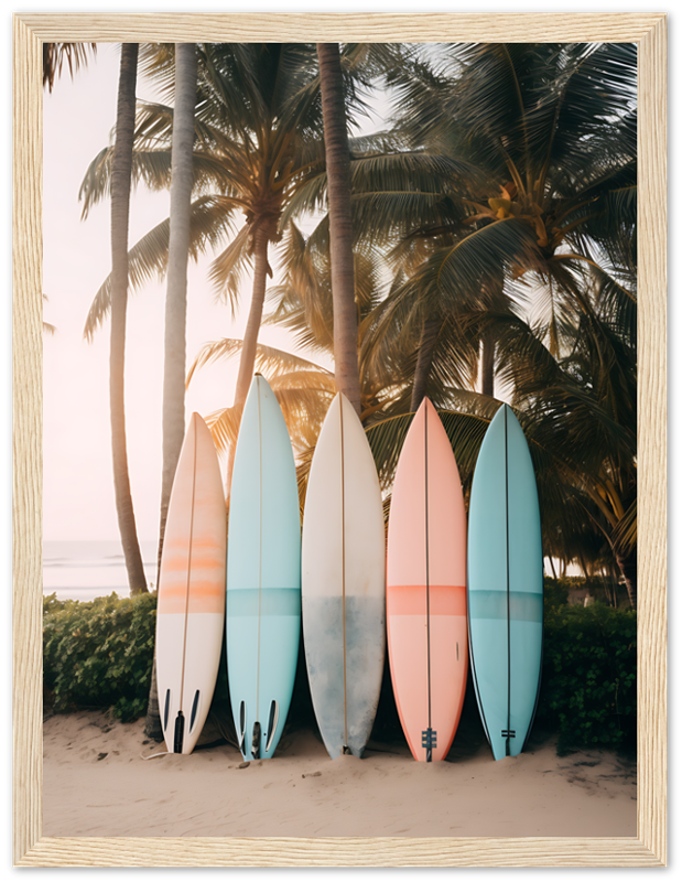 Five colorful surfboards leaning against palm trees on a beach.
