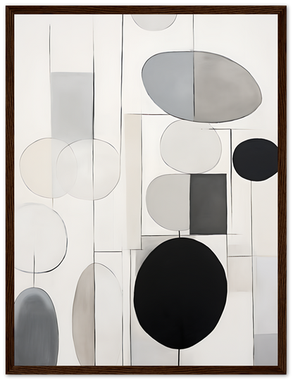 Monochrome abstract art featuring circles and rectangles with a white frame.