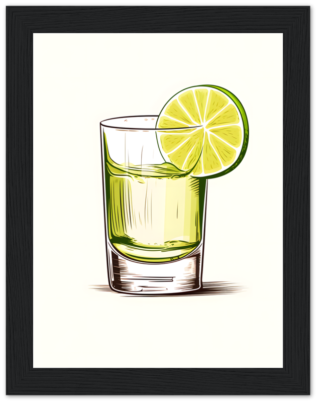 Illustration of a tequila shot with a lime slice in a framed picture.