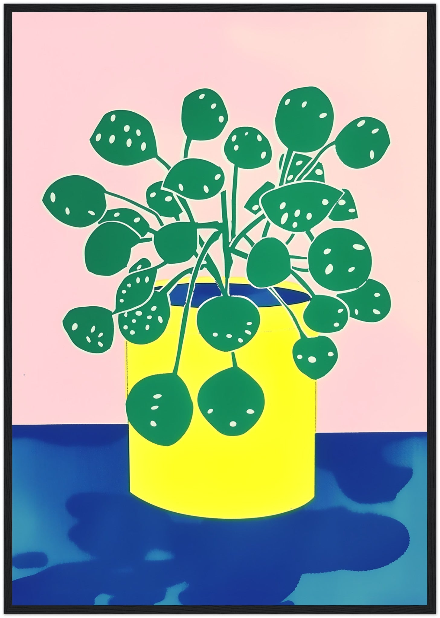 Stylized illustration of a potted plant with green leaves in a yellow pot against a pink background.