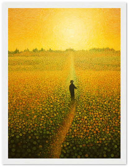 A painting of a person standing in a vibrant field of flowers with a swirling yellow sky.